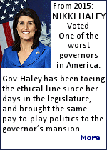 For much of her term, Gov. Haley faced an ethics investigation and lawsuit focused on her outside employment while serving as a state representative. The complaint alleged the governor illegally lobbied on behalf of her former employer. Gov. Haley also earned $40,000 in consulting fees while serving in the legislature, which she did not disclose until her campaign for governor.